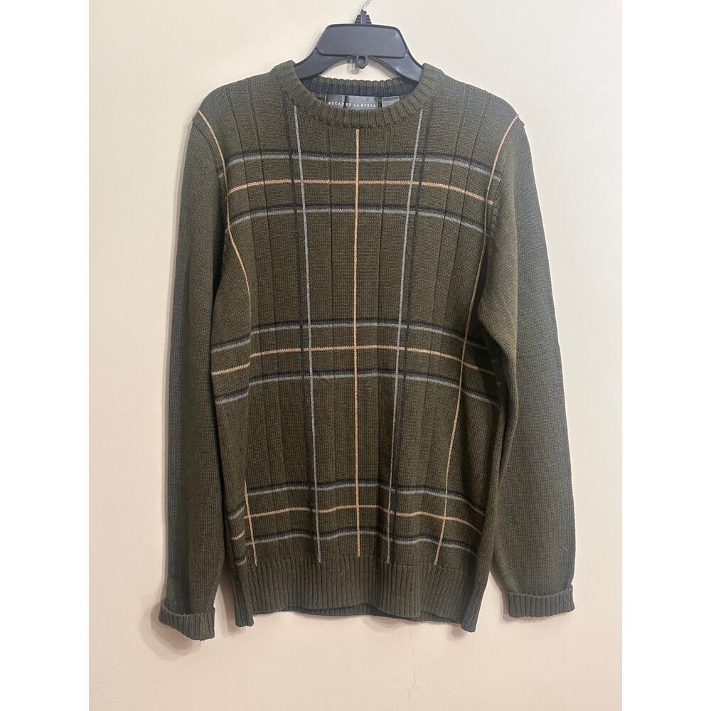 Oscar de la Renta Men’s M Olive Plaid Crewneck Sweater Cotton Blend Classic